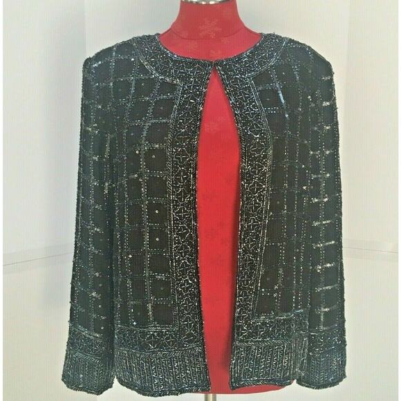 Vtg Open Front Black Bead & Sequins Silk Jacket XL - Picture 1 of 8